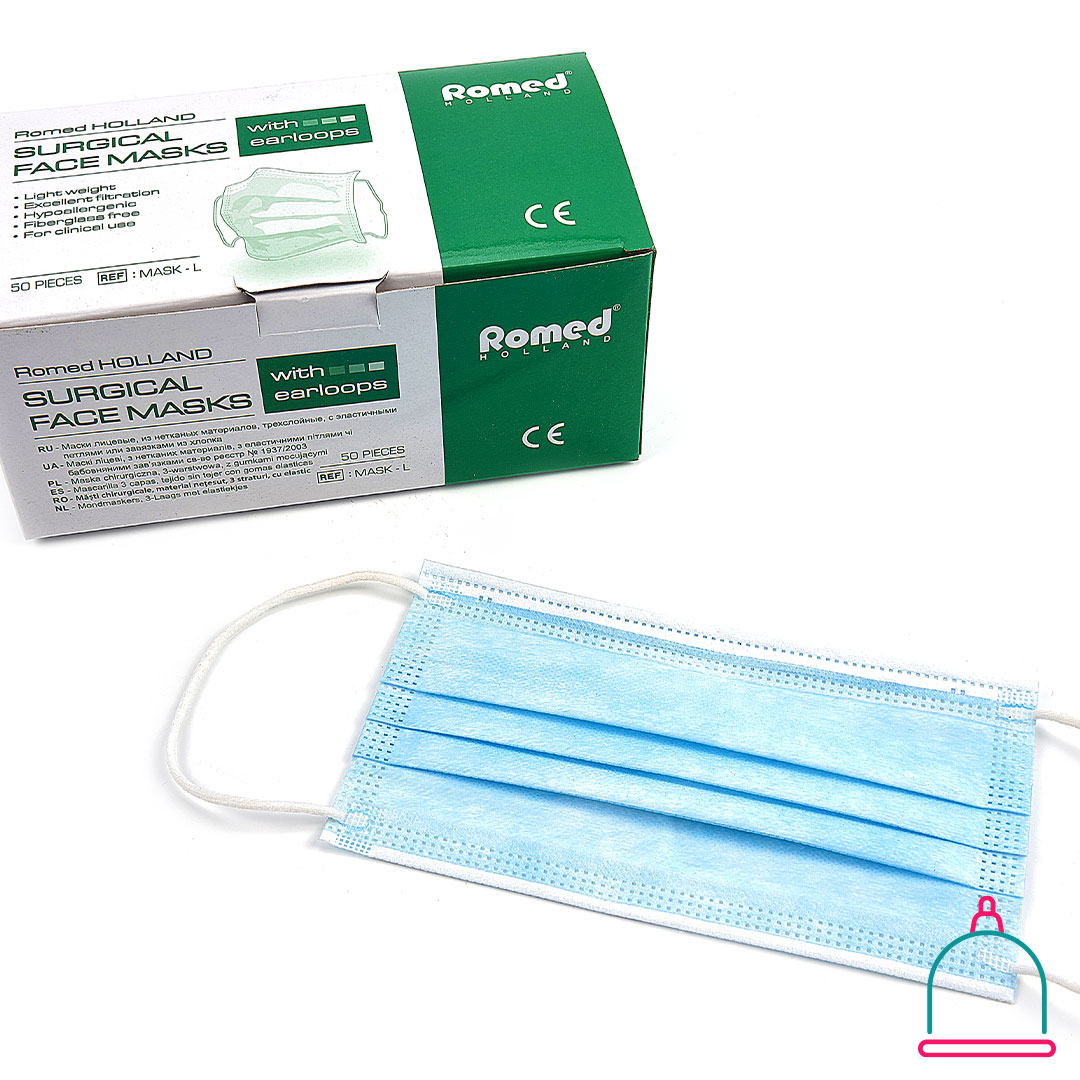 Romed chirurgische mondmaskers type IIR, 3-ply, met elastiekjes, blauw, per 50 stuks